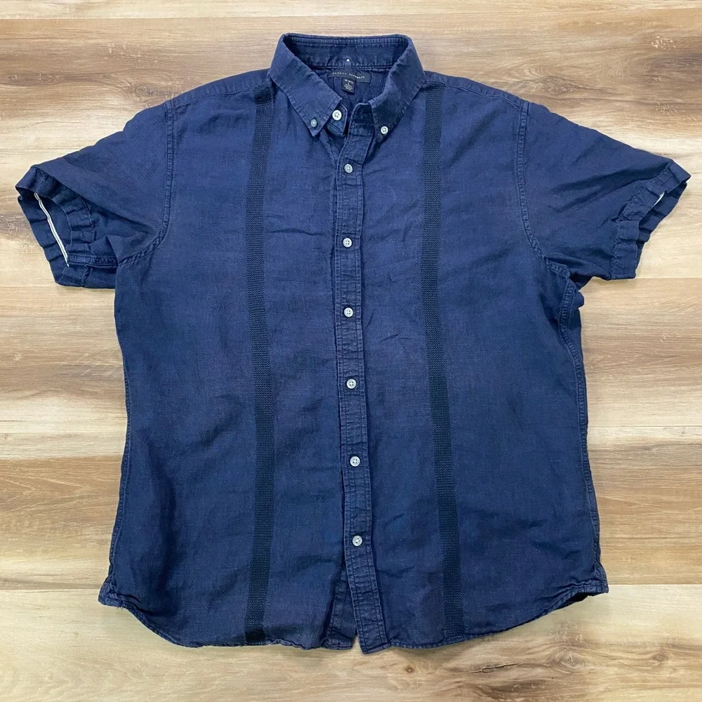 Banana Republic Shirt Large Guayabera Style Linen Cotton Short Sleeve Navy Blue